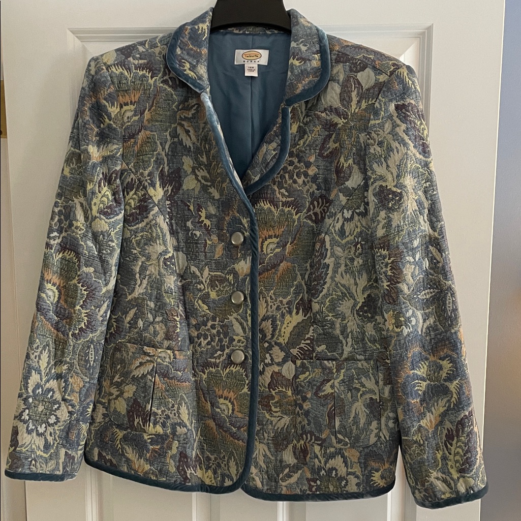 Talbots Tapestry Blazer In Blues And Gray With Velvet Piping